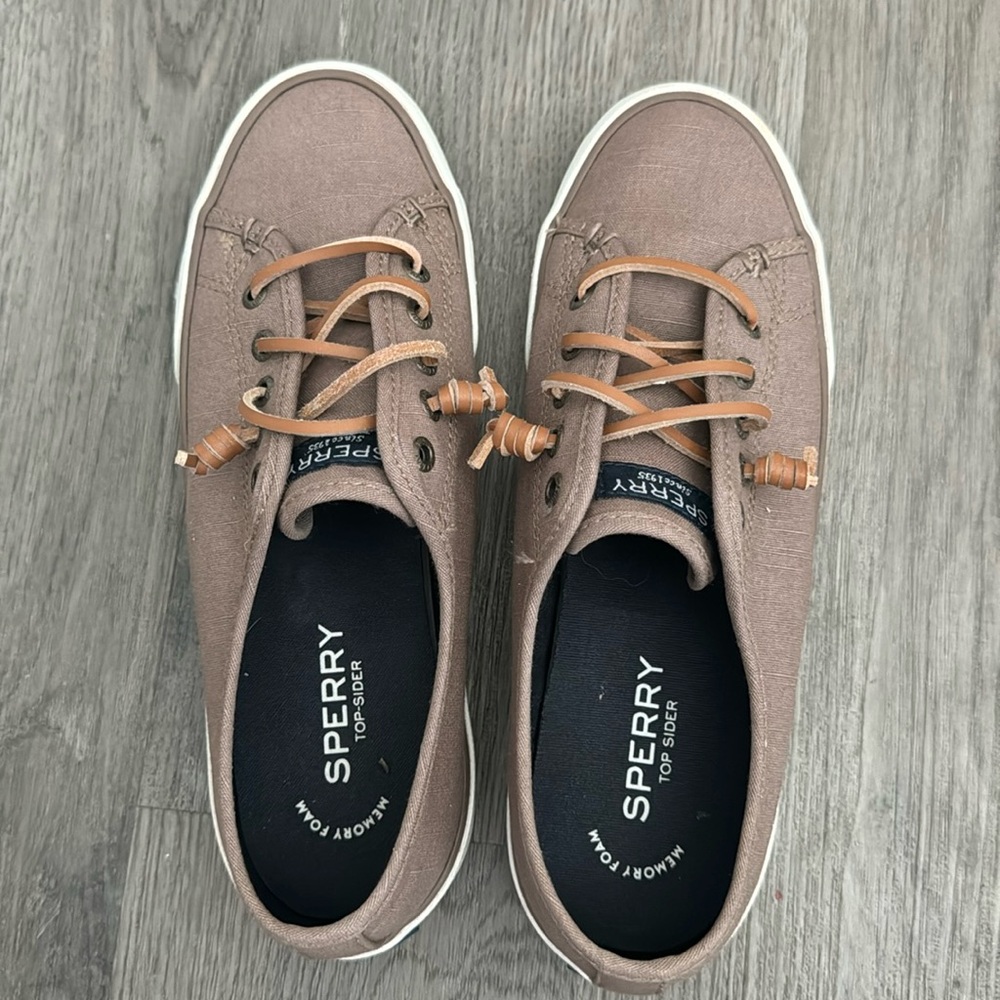 Sperry top-slider, khaki-brown, 7.5 women’s, only worn a few times, like new